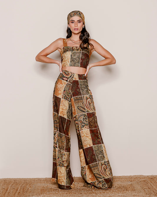 Oriental Print Set Cropped Corset Top and Wide-Leg Pants