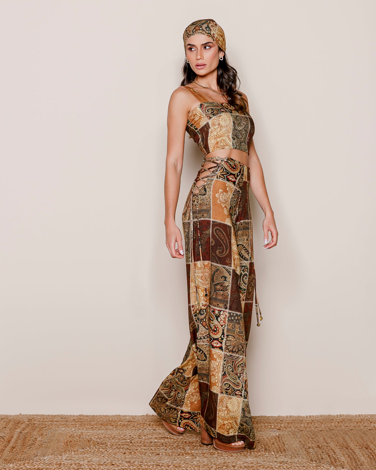 Oriental Print Set Cropped Corset Top and Wide-Leg Pants